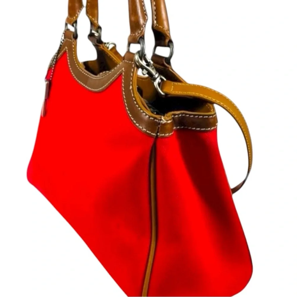 Fossil Classic #75082 Red Canvas & Leather Satchel Tote Bag Vintage Key Charm - Picture 2 of 11